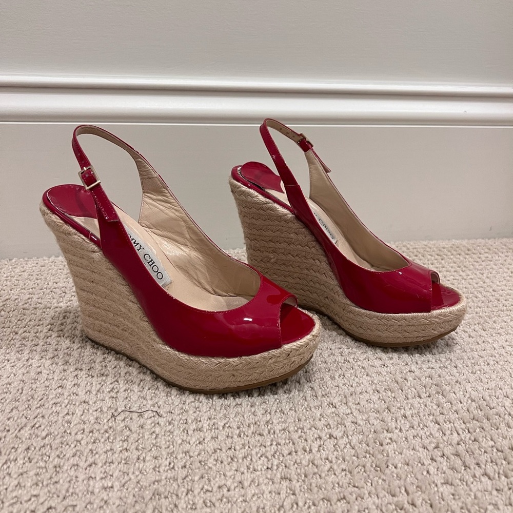 Jimmy Choo Red Patent Leather Espadrille Wedge slingback sandals
